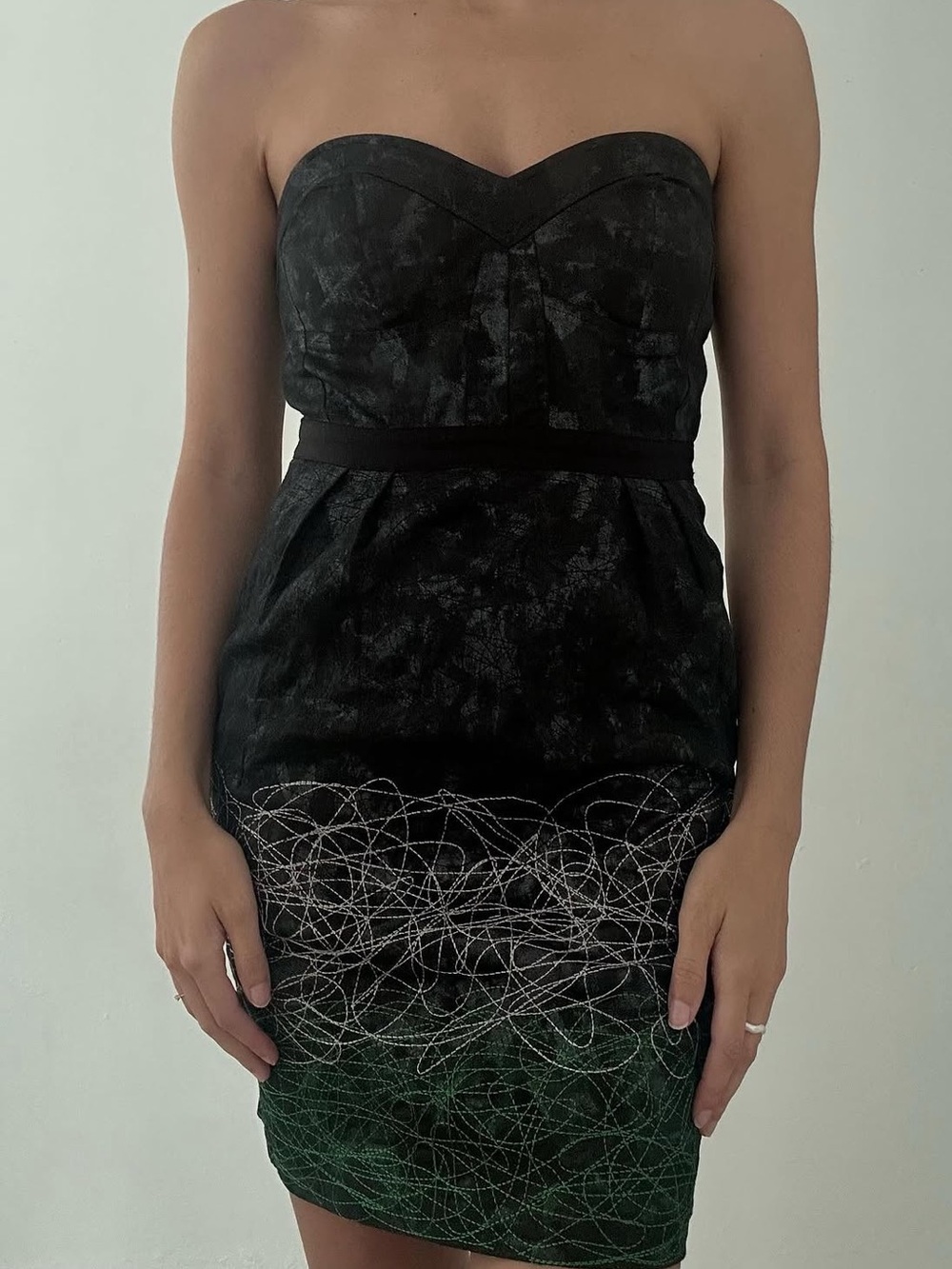 Strapless Abstract Black, White and Green Embroidered Dress